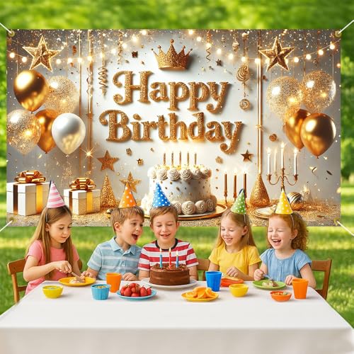 Image of Happy Birthday Backdrop Banner 70.8 x 43.3 Inch, Gold Crown Balloon Cake Candle Glitter Elegant Party Decorations for Men Women Adults, Luxury Photo Booth Background with Hanging Rope