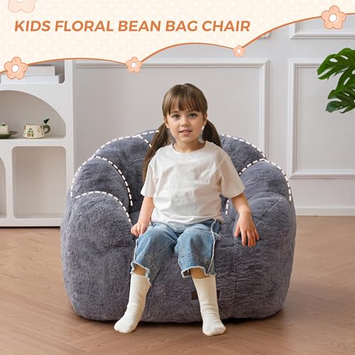 Image of MAXYOYO Kids Bean Bag Chair, Floral Shaped Bean Bag Sofa, Plush Faux Fur Toddler Couch with Petal Backrest for Boys Girls, Stuffed Cozy Sofa for Nursery, Bedroom, Grey