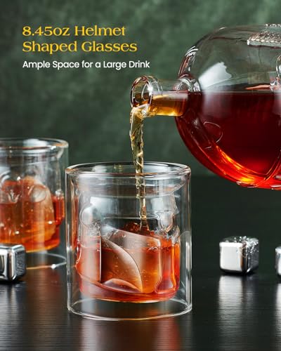 Men's Galaxy Whiskey Decanter Set, Handmade Leadfree Glass with Unique Helmet Design, 34 Oz Decanter and Two Glasses, Perfect Gift for Him