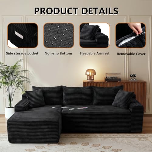 Image of 106.3 inch L Shaped Boneless Sectional Corduroy Couches for Living Room (Black)