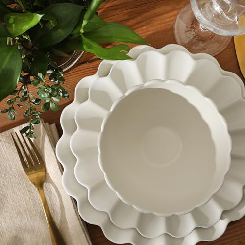 Image of Gibson Elite Bistro Fleur Plates and Bowls Sets, 12-Piece Stoneware Dinnerware Set for 4, Ivory White Scalloped Dish Set with Dinner Plates, Salad Plates & Bowls