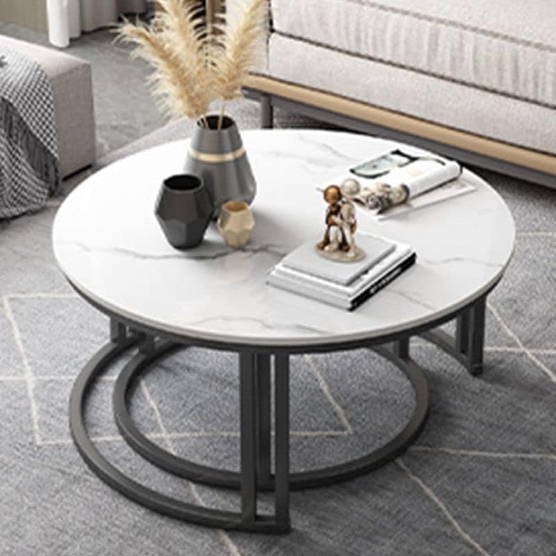 CraftThink Coffee Table Set, Contemporary Round Nesting Table Side Table End Table Stone Frame Without Drawers for Living Room, 31.5"L x 31.5"W x 18"H + 23.5"L x 23.5"W x 15"H (Grey White & Gold）