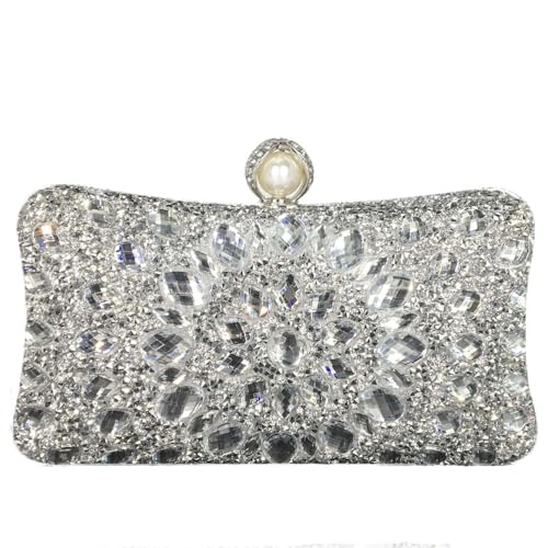Image of Boutique De FGG Mini Pearl Clasp Crystal Clutch Purses for Women, Evening Bags Wedding Handbag, Party Rhinestone Clutch Bag