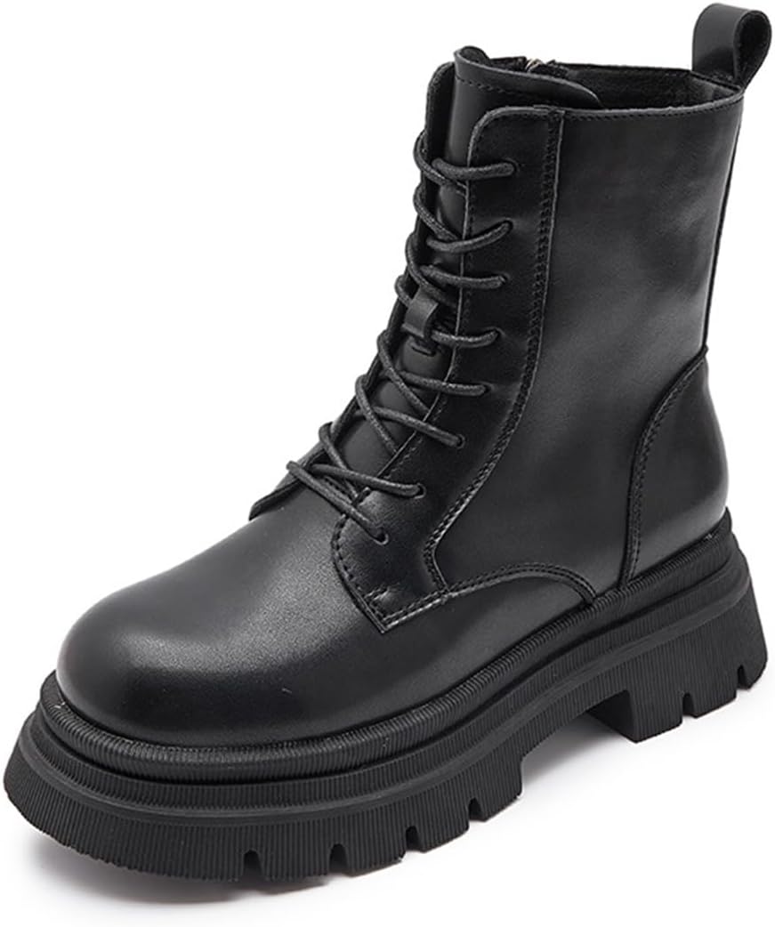 Womens Lace Up Ankle Boots Side Zip Lug Platform Combat Boots Fashion Chunky Heel Motorcycle Boots