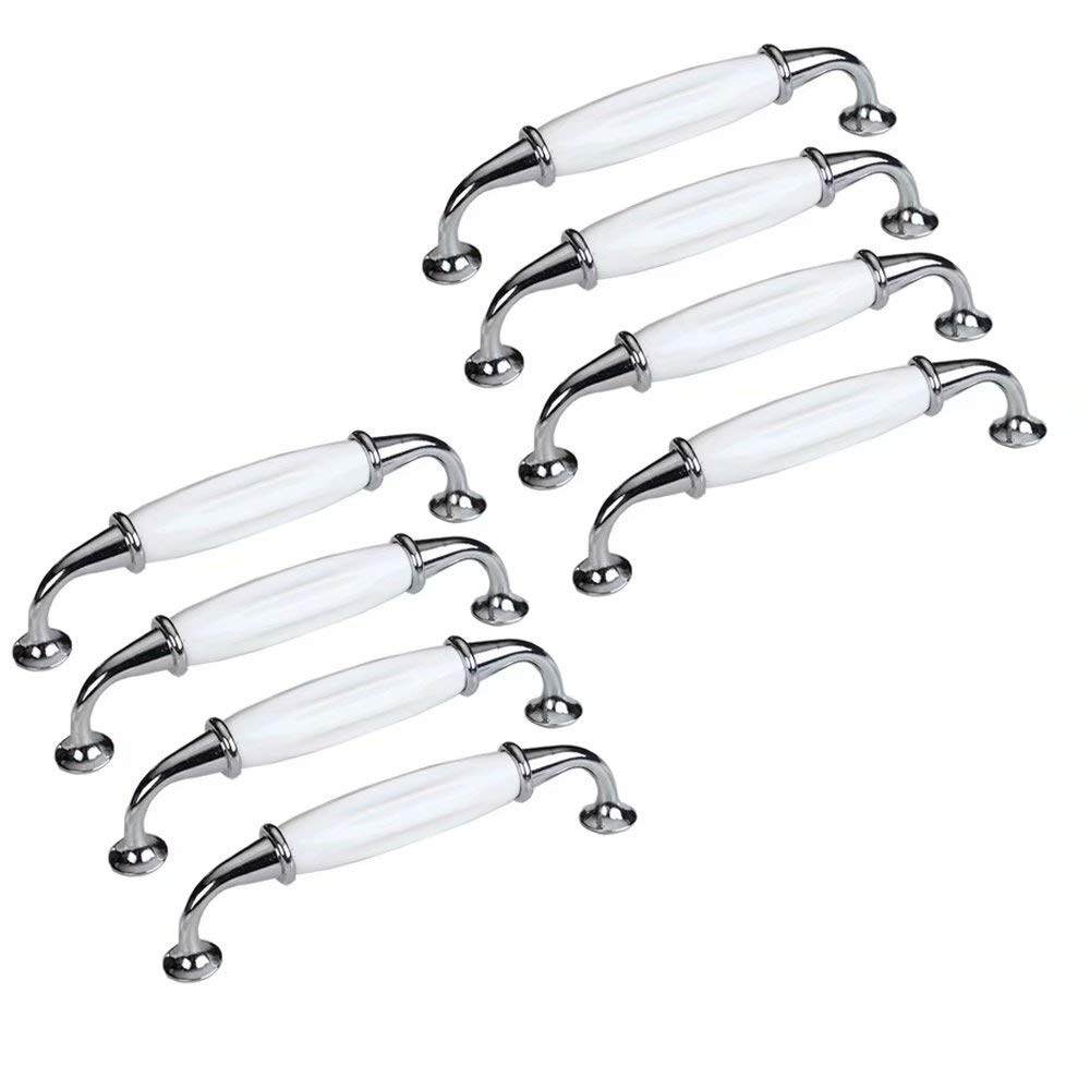 Creatwls Kitchen Cupboard Cabinet Door Handle White Ceramic Pulls Furniture Dresser Decorative Chrome-Plated Knob Bow Handle Furniture Fitting Handles, 8 pcs, Single Hole, Hole Centers 5.04"