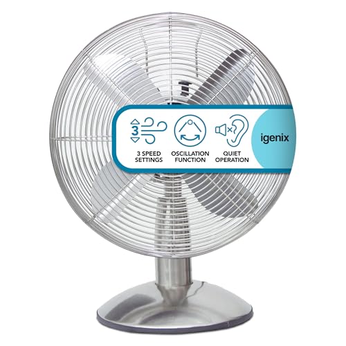 Igenix DF1250 12 Portable Desk Fan 3 Speed Settings Quiet Oscillating Airflow Retro Chrome Design Ideal for Home & Office