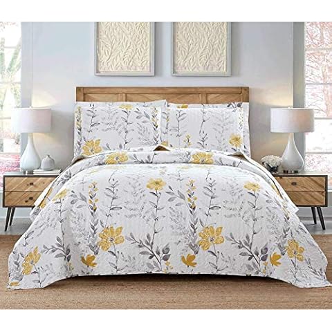 3 Pcs Twin Size Flower Bedding Quilt Set Lightweight Summer Bedspread Floral Daybed Cover Yellow White Plant Vintage Garden Coverlet Blanket,68x86 with 2 Standard Pillow Shams Cover