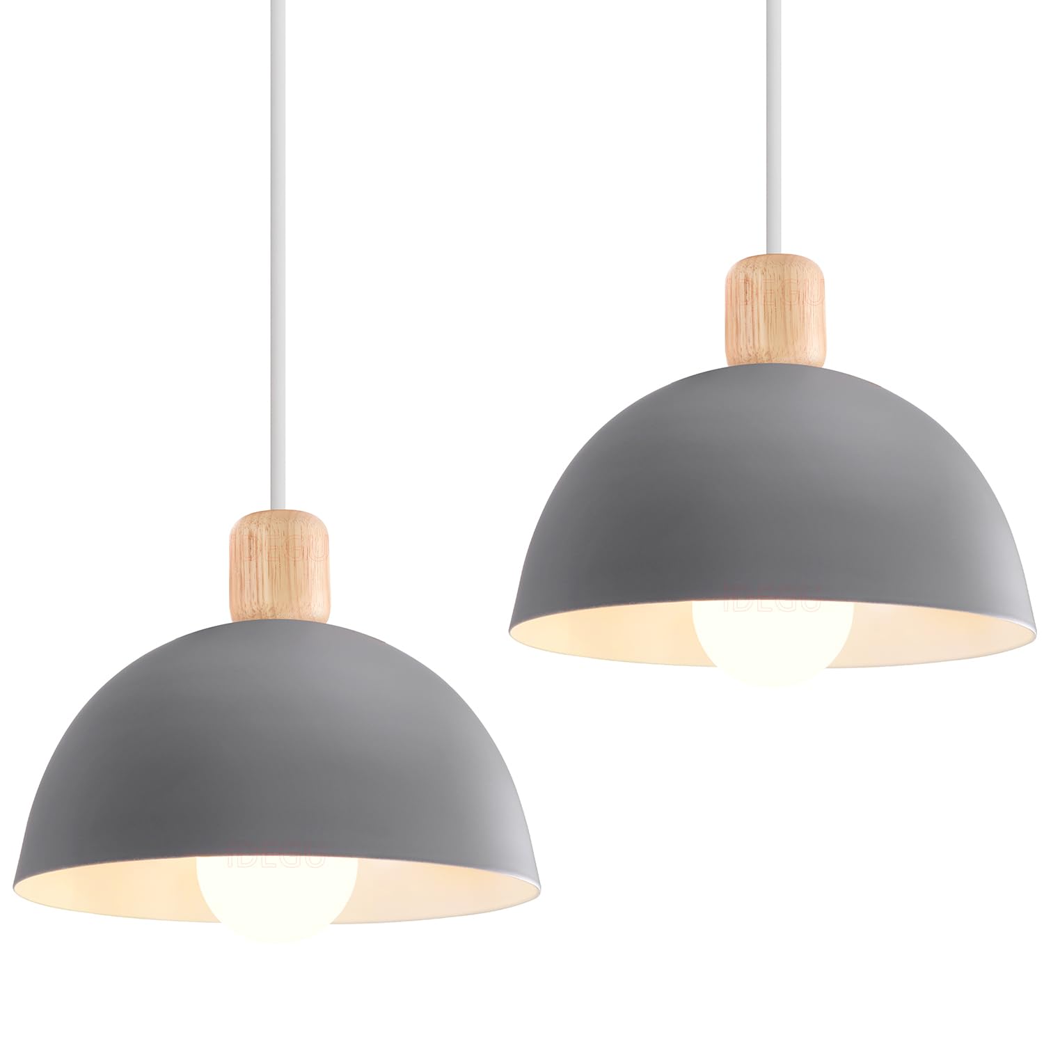iDEGU Set of 2 Retro Pendant Light Fixtures E27 Ceiling Light Modern Scandinavian Style 20cm Hemisphere Hanging Lampshade Metal Wood Pendant Light for Bedroom Dining Room Kitchen Restaurant (Grey)