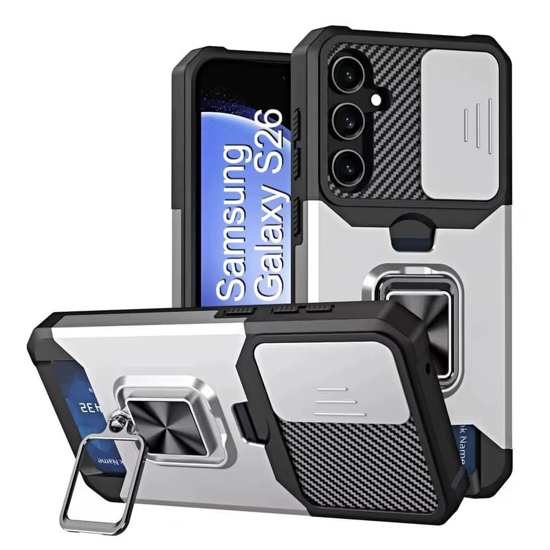 Image of LuxuryKase Shockproof Armor Case for Samsung Galaxy S26 | Slide Camera Cover | Hidden Card Slot | Rotating Ring Kickstand | Magnetic Car Mount Support | Military Grade Protection - White