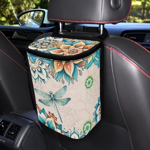 Image of Bohemian Flower Dragonfly Car Trash Bin with Lid,Leak-Proof Car Organizer, Waterproof Car Garbage Can for Vehicle /Home /Office