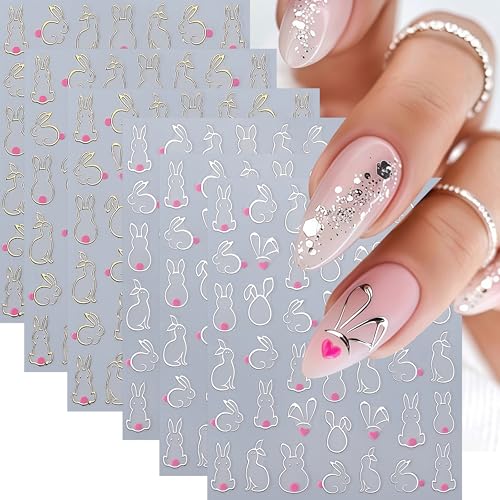 6 Sheets Bunny Nail Stickers 3D Self-Adhesive Easter Nail Art Stickers Gold Silver Rabbit Nail Decals Easter Nails Design Adhesive Sliders Spring Bunny Manicure Accessories Nails Supplies for Women