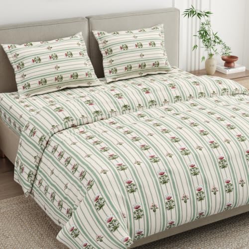 Image of Haus & Kinder Bedsheet for Double Bed King Size, King Size Bed Sheet Cotton with 2 Pillow Covers 108 Inch x 108 Inch| Premium Soft & Silky Pure Cotton 186 TC King Bedsheet | Striped Garden