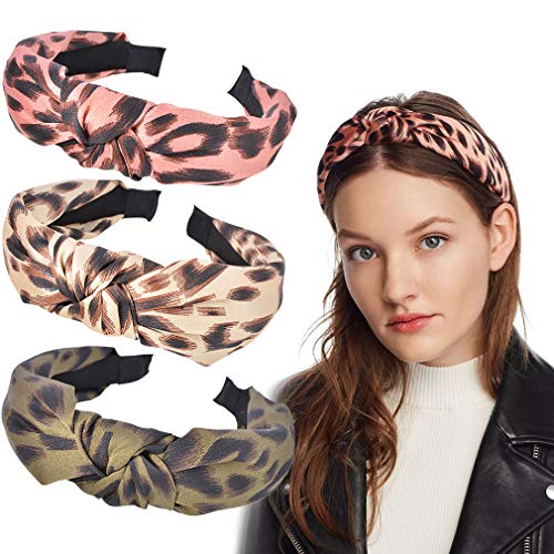 Leopard Print Headband for Women Knotted Wide Hairbands Cute Turban Elastic Head Band Satin Soft Hair Accessories for Washing Face Spa Mask Shower Pack of 3