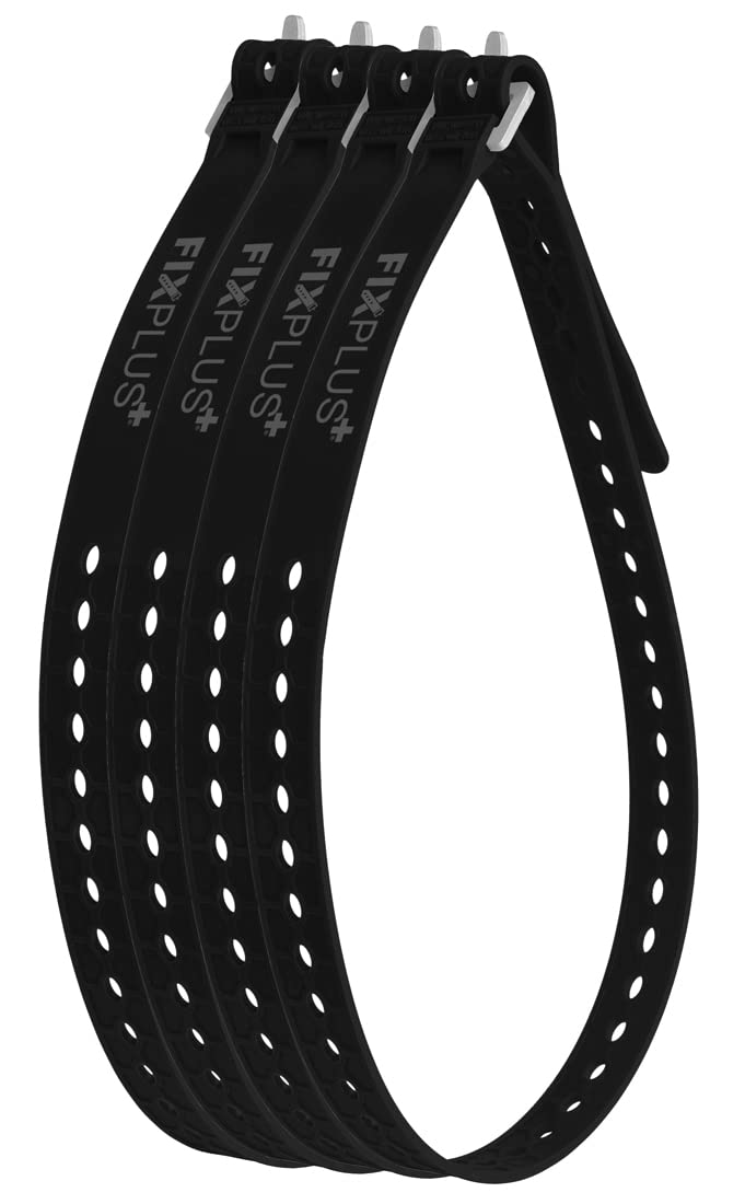 Fixplus Strap Paquete de 4 - Correa de sujeción para asegurar, Sujetar, agrupar y trincar, a Base de Material plástico Especial con Hebilla de Aluminio 86cm x 2,4cm (Negro)