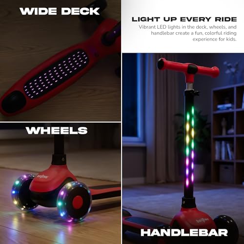 Image of Baybee Zyro Kick Scooter for Kids | 3 Wheel Kids Scooter with 3 Height Adjustable & LED Lights | Skate Scooters with Music & Foot Brake | Indoor Outdoor Toddler Scooters for 2 to 10 Years (Red)