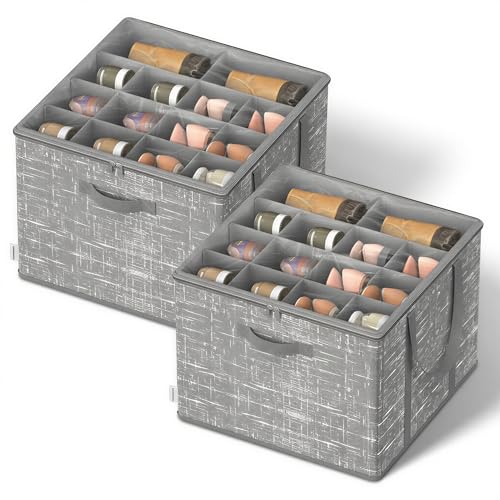 SONGMICS Shoe Organizer for Closet, Set of 2, Shoe Storage Box with Clear Lid, Foldable Fabric Bins, Holds 32 Pairs Total, Reinforced Handles, 16.5 x