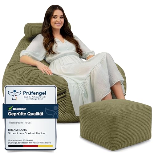DreamRoots Sitzsack Erwachsene Cord oder Kinder - Bean Bag Sofa - Sitzsack Cord mit Hocker und Bezug - Sitzsäcke mit Füllung 90x90x100 cm Dark Olive