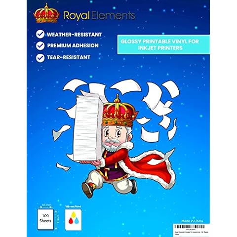 Royal Elements Glossy Printable Vinyl Sticker Paper for Inkjet Printers - 100 Sheets (8.5" x 11") Quick-Dry Scratch & Tear Resistant Cover