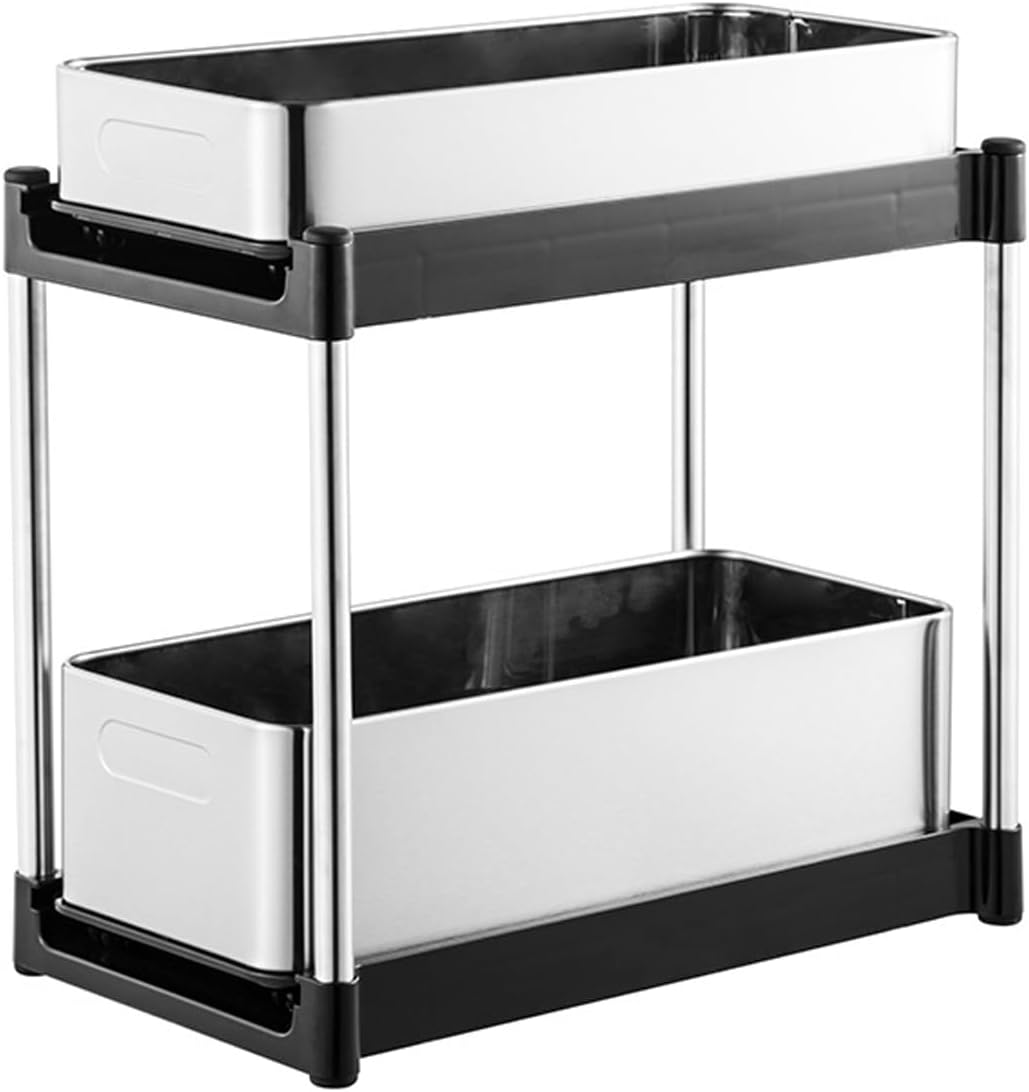 2-Tier Under Sink Organizer with Sliding Pull-Out Drawers, Stainless Steel Kitchen Storage Rack (Black)