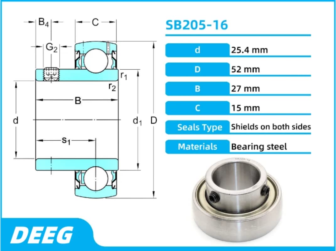 DEEG 1" Insert Ball Bearing with Set Screws SB205-16,FHS205-16,AS205-100,YA100RRB,Used in Wood Chipper,Snowblower,ATV's
