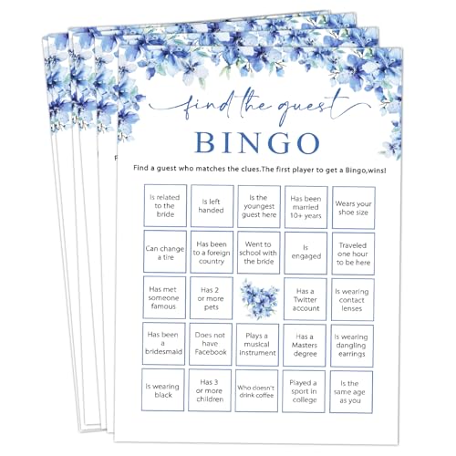 Image of Find The Guest Bingo Games, 25 Blue Floral Bridal Shower Game Cards Set, Engagement Party Game for Guests, Wedding Games for Reception, Minimalist Marriage Party Supplies-19