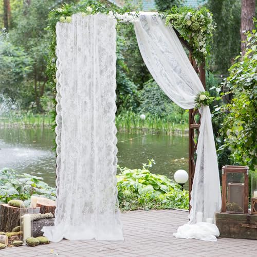 Image of HunnmingRe 2 Panel White Wedding Arch Draping Fabric Summer 30 inch X 18 FT Lace Wedding Arch Drapery Embroidered Boho Rustic Backdrop Vintage Decor for Bridal Shower Church Ceremony Decoration