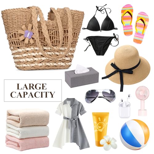 Image of Trifabricy Beach Bags for Women, Summer Straw Bag, Woven Straw Beach Tote Bag Shoulder Handbags