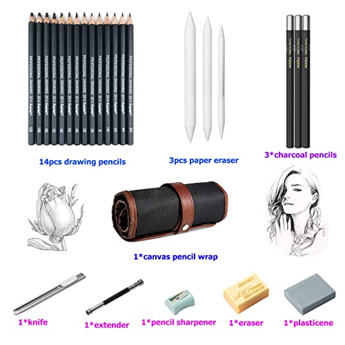 Sketching Pencil Set, 24 Pcs Graphite Drawing Pencil For Artists Adults Children Include 12B 10B 8B 7B 6B 5B 4B 3B 2B B Hb 2H 4H 6H Pencils, Charcoal Pencils, Canvas Pencil Bag And Accessories #TOP3