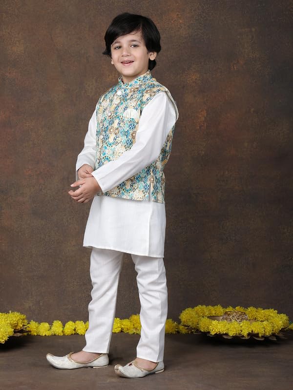 Image of superminis Boys Cotton Printed Full Sleeves Kurta Pyjama with Jacket Ethnic Wear Set