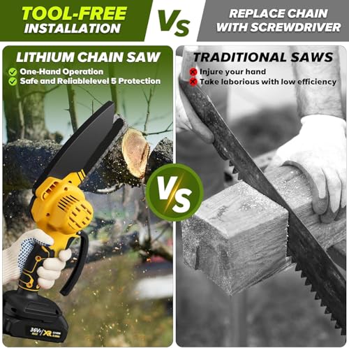 Image of Roslen Mini Chainsaw Cordless With 2 Rechargeable Batteries, Chainsaw Machine 6 inch Cutting Area Wide Heavy Duty, Battery Powered Chainsaw for Wood Working, Tree Trimming (Yellow)