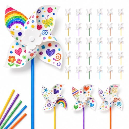 30 Pcs DIY Pinwheels for Kids Color Your Own White Paper Pinwheel Craft Kit Summer Arts and Crafts Activity for Classroom Party and School Projects