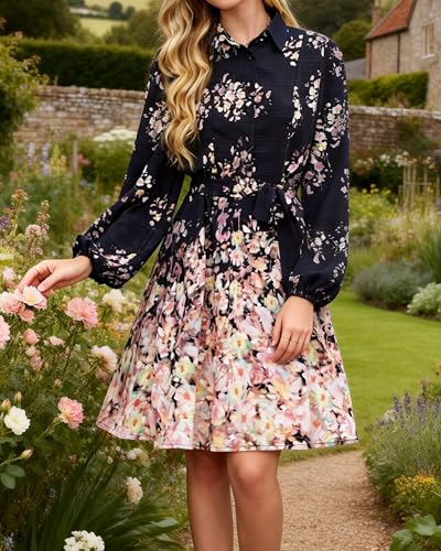 Image of Women Long Sleeve Spring Button Down A-Line Floral Print Summer Cocktail Shirt Dresses with Belt