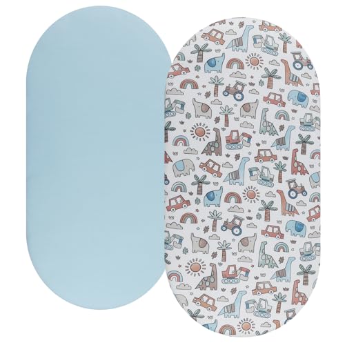 Image of Bassinet Sheet Set 2 Pack Snug Fitted Cradle Fitted Sheets, Stretchy Ultra Soft, for Oval Rectangle Hourglass Bassinet Mattress, Unisex Boy Girl, Light Blue & Car