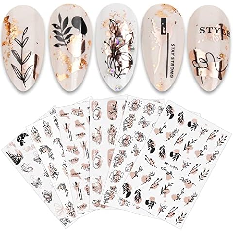 JMEOWIO Nagelsticker Rose Gold Schwarze Blume 12 Blatt Nail Art Sticker Selbstklebend Nagelaufkleber Frühlings Linie Abstraktes Blatt Dekoration Nageldesign Zubehör Cover