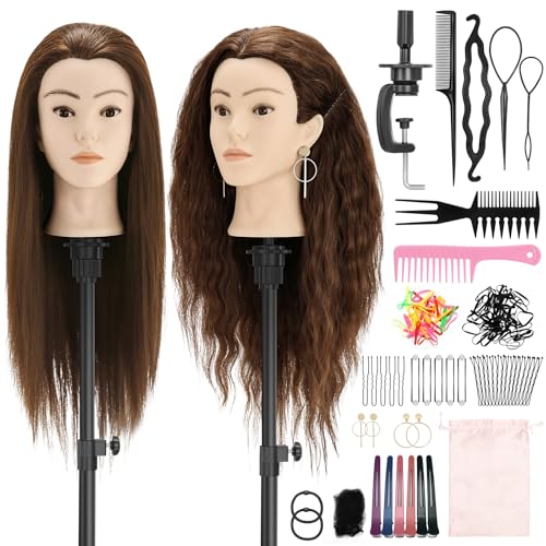 Yekavo Mannequin Head with 90% Human Hair, 24" Female Real Hair Cosmetology Mannequin Head Hair Styling Manikin Head Doll Head for Hairdresser Practice Training with Clamp Holder and Tools (Brown)