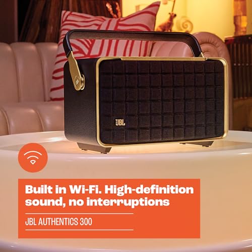 JBL Authentics 300 - Retro Style Wireless Bluetooth/WiFi Home Speaker, Built in Battery (4800mAh), Music Streaming Services via Built-in Wi-Fi, Built in Alexa and Google Assistant (Black/Gold)