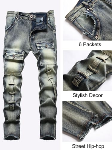 Men's Skinny Jeans Slim Fit Stretch Distressed Denim Pants Stacked Vintage Yellow Straight Jeans for Streetwear, Skateboard3