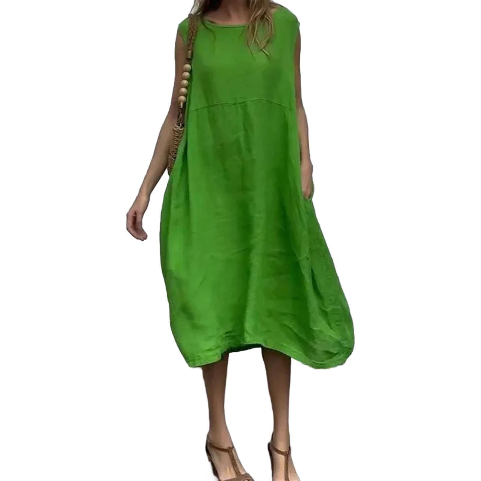 Abito da donna chic minimalista lungo moda tinta unita girocollo senza maniche Boho tasca abito allentato