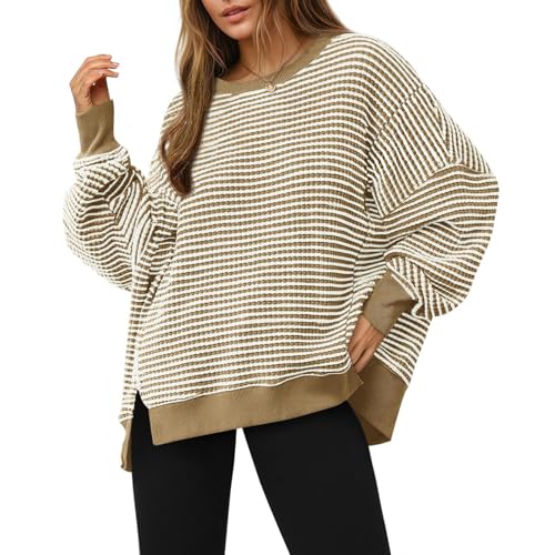 Womens Striped Long Sleeve Shirt Waffle Knit Crewneck Oversized Sweatshirt - image 1