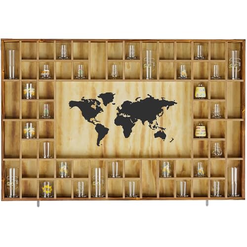 foriy 68 Large World Map Shot Glass Display Case Rustic Shot Glass Holder 37x 24.4in Brown Wood Shelf for 2 Different Sizes Glasses Shelf Wall Mount Storage Cabinet for Bar Home Kitchen by foriy - Used condition - US$72.64