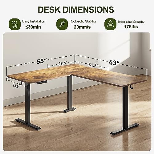 Image of BANTI L-Shaped Standing Desk - 63 x 55 Inch Adjustable Corner Standing Desk with Charging Station - L Shape Sit Stand Table with Memory Controller, Splice Board for Home Office, Rustic Brown