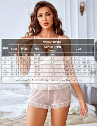 Image of Avidlove Sexy Pajama Lingerie Set for Women Sheer Mesh Cami Shorts | Ruffle V-neck sleepwear, lace trim, elastic waist, adjustable straps, lightweight feel, summer vacation boudoir outfit