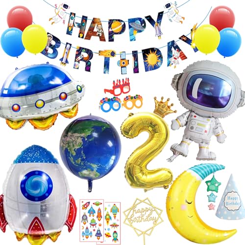 誕生日 飾り付け 数字2 宇宙 セット 風船 シンプル パーティー セット 大きな 3Dバルーンセット バナー ロケット箔風船 UFO風船 地球の風船 月の風船 宇宙飛行士の風船 三角帽子 ステッカー 男の子 女の子 誕生日 装飾 バースデー