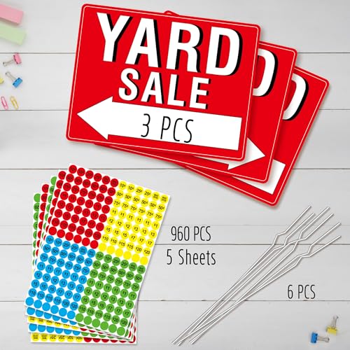 Yard Sale Sign, 3PCS Double Sided Yard Sale Signs with 6 Metal Stakes & 960 Sale Price Labels, Large Font, Fluorescent Neon Color, All-Weather Plastic Sign with Arrow for Garage Sale, Outdoor Estate - Thumbnail 2
