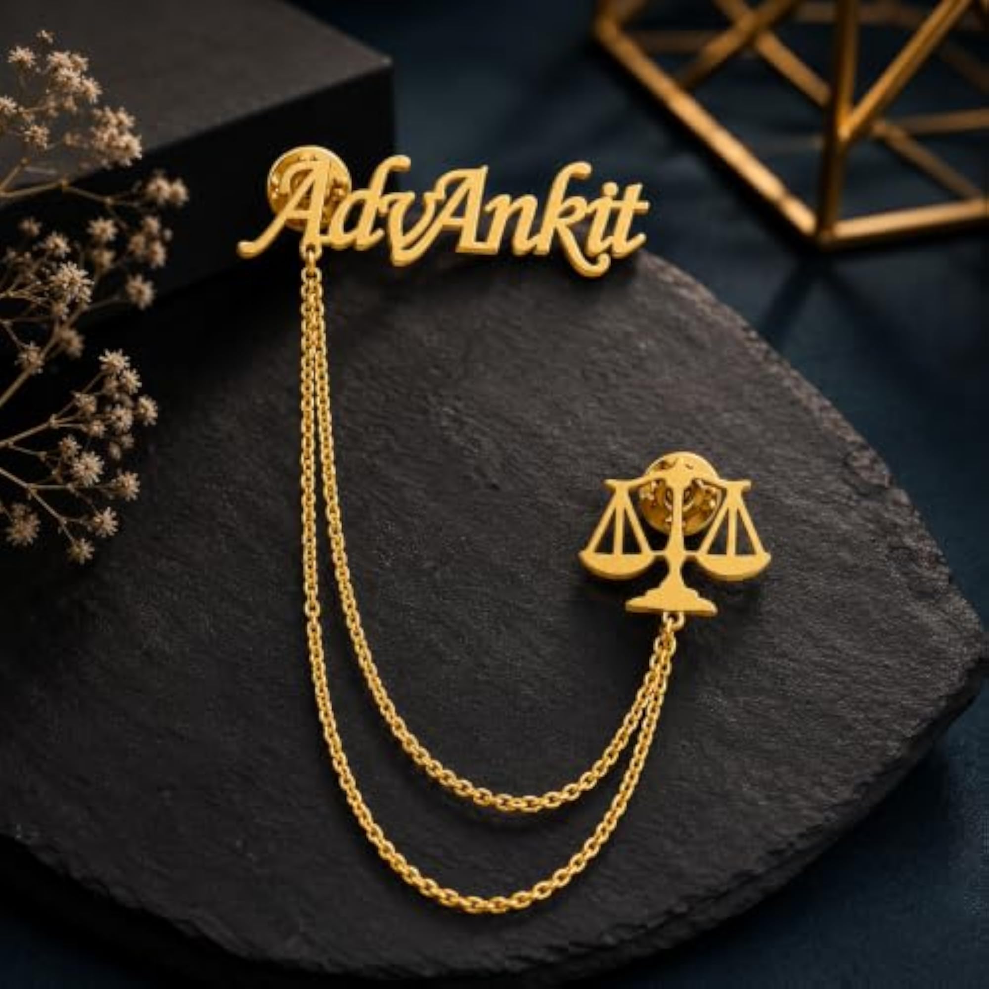 Men's Personalized Advocate Name Brooch Pin, Justice Scale