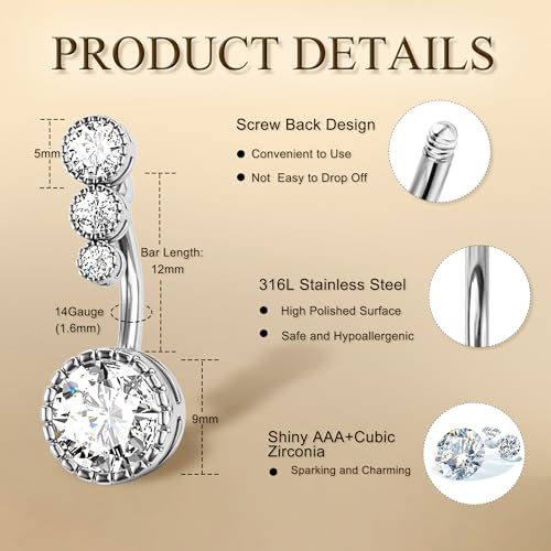 Image of FIASASO 9 Pcs Belly Button Ring - Surgical Stainless Steel CZ Belly Rings Clicker Belly Piercings for Women Navel Piercing Jewelry Pack