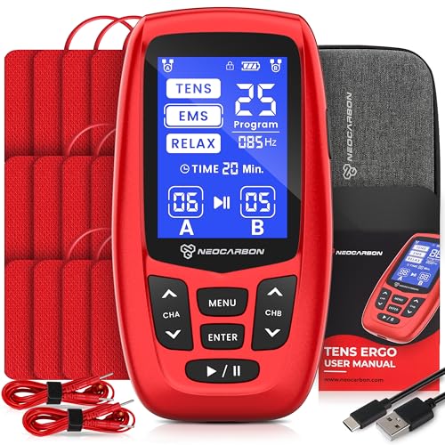 NEOCARBON TENS Unit Muscle Stimulator Ergo Machine for Pain Relief and Muscle Recovery Electronic Pulse Massager Medical Grade & Pain Management Red