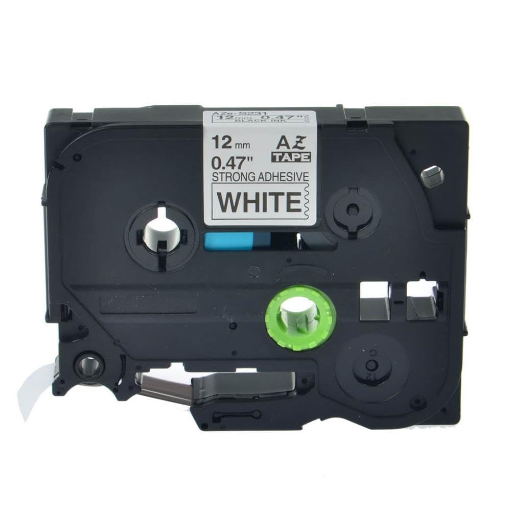 10 Rollos de Cinta Adhesiva Resistente, Negro sobre Blanco, 12mm, 8m, compatibles con Cintas para rotuladoras TZe-S231 Tz Tze S231