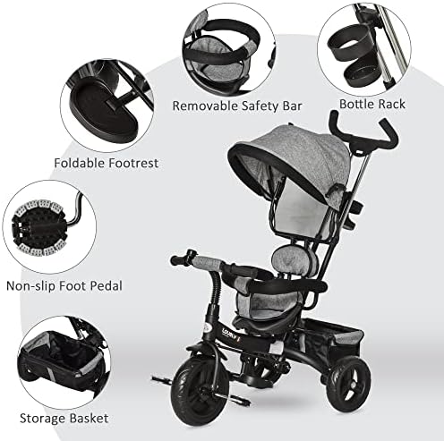 HOMCOM 4 in 1 Tricycle for Kids Toddler Trike with Parent Handle Push Along Pedal Trike Removable Canopy Safety Belt Storage Footrest for 18 Months to 5 Years Grey