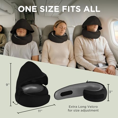 Image of Dot&Dot Travel Pillow Neck Pillow with Hood for Airplane Sleeping, Memory Foam Pillow with Chin Support, Detachable Hoodie, Washable Cover, Adjustable Velcro Fit for Flights, Car & Office